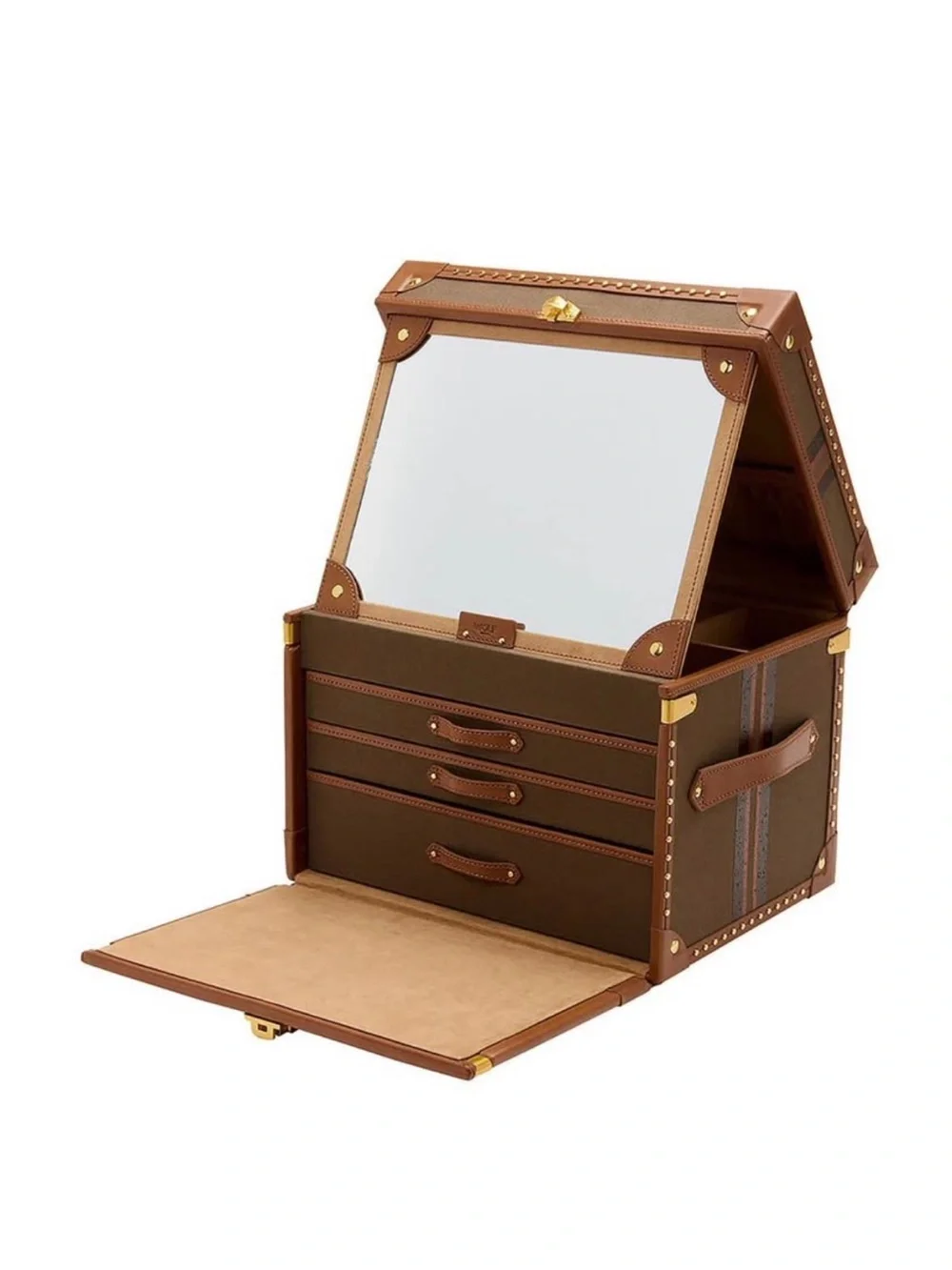 WOLF Brown and Tan Jewelry Travel Case with Gold Hardware